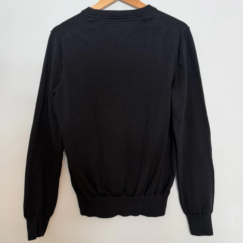 Tommy Hilfiger Black Pima Cotton Logo V-Neck Sweater Size Small